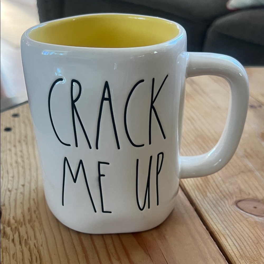 Rae Dunn White Mug with Yellow Interior - "Crack Me Up"